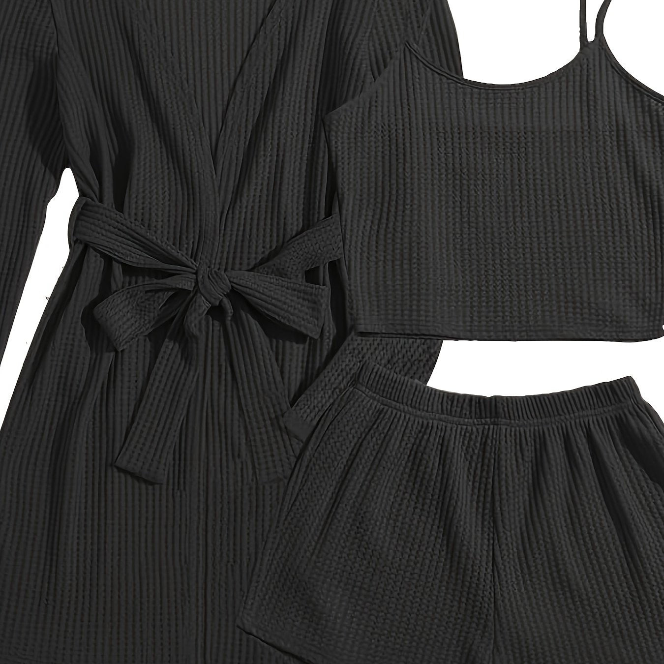 Women's Waffle Lounge Set with Robe, Crop Top, Shorts for Summer Home Wear