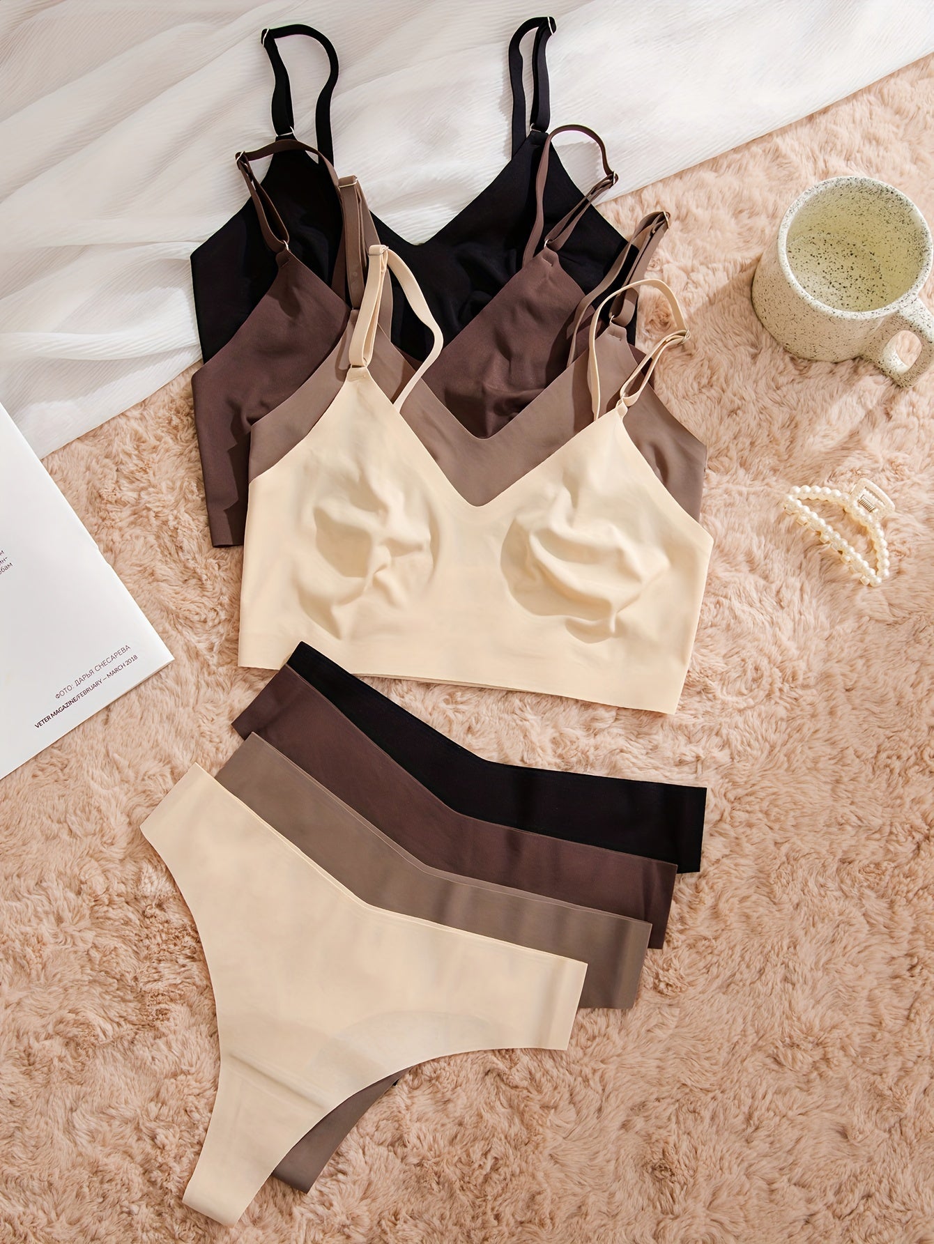 Seamless Solid Lingerie Sets for Women Wireless Bra and Elastic Thong Pack