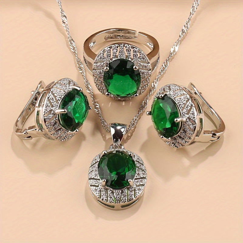 Silver-Plated Bridal Jewelry Set with Cubic Zirconia Necklace Earrings Rings 4 Piece