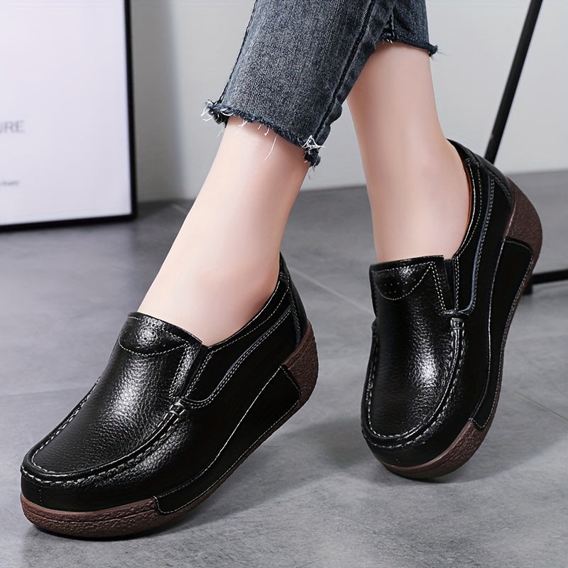 Women's Slip-On Loafers with Mid-Top Design Faux Leather Round Toe Mid Heel All-Season