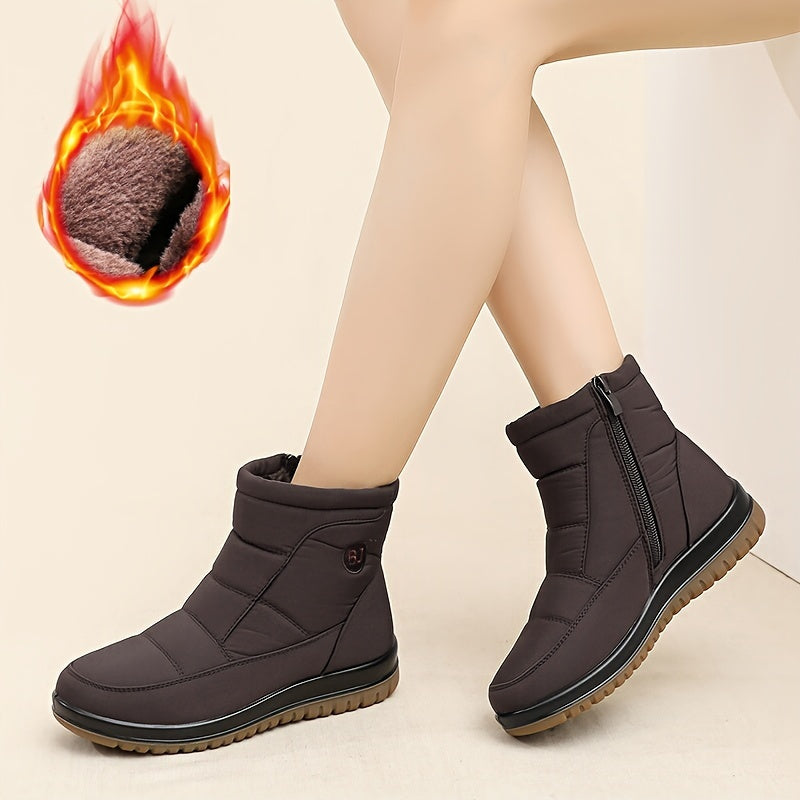 Women's Fleece-Lined Winter Boots - Black Slip-Resistant PU Sole Outdoor