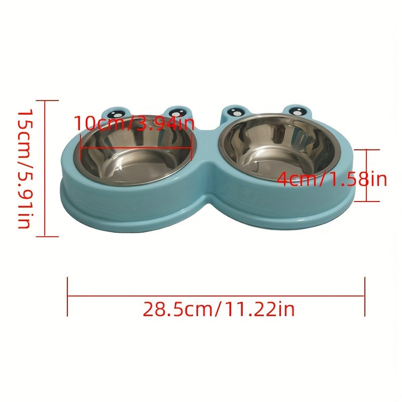 Stainless Steel Double Bowl for Small Dogs and Cats with Pet Frog Design