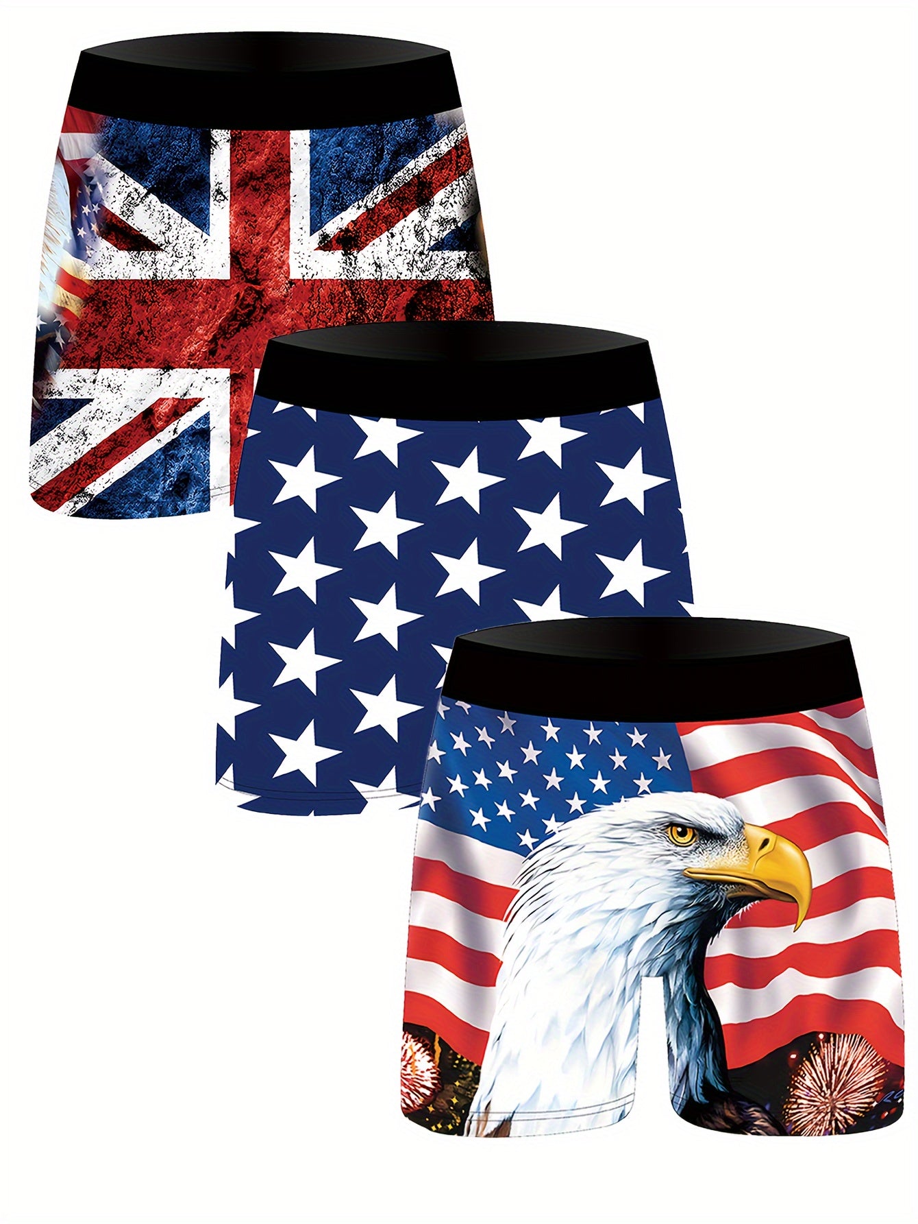 Erkaklar uchun 3 ta to'plam, patriotik multfilm printli boxer shortlar, 95% polyester va 5% elastan aralashmasidan tayyorlangan, biroz cho'ziluvchan to'qima. Har mavsumda kiyish uchun nafas oladigan va engil. Ideal uchun