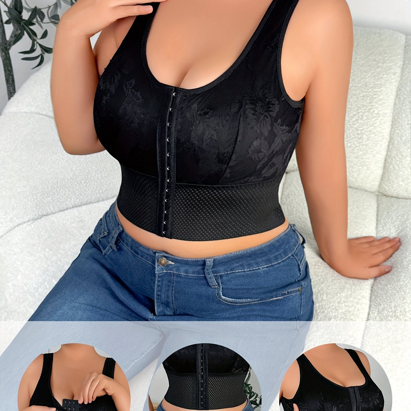Plus Size Floral Shapewear Top Nylon Elastane Front Closure No-Pad Slimming Vest