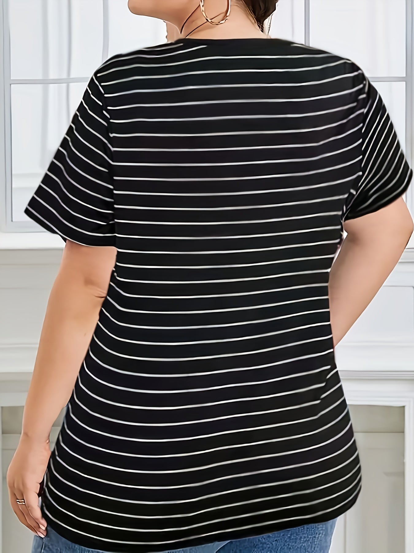 Plus Size Striped V-Neck T-Shirt for Women Summer Spring Medium Stretch