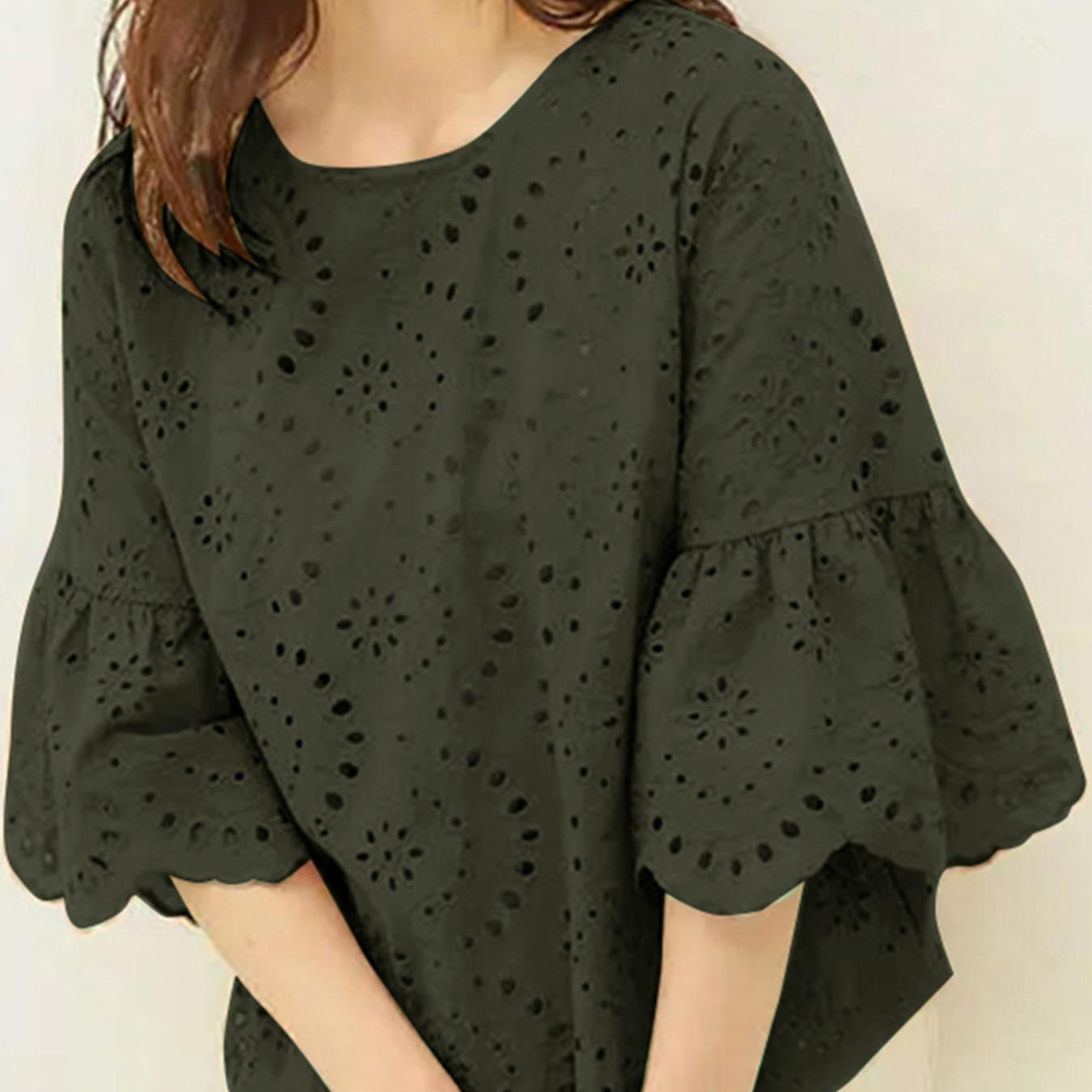 Plus Size Women's Casual Cotton Blouse with Eyelet Embroidery and Flared Sleeves
