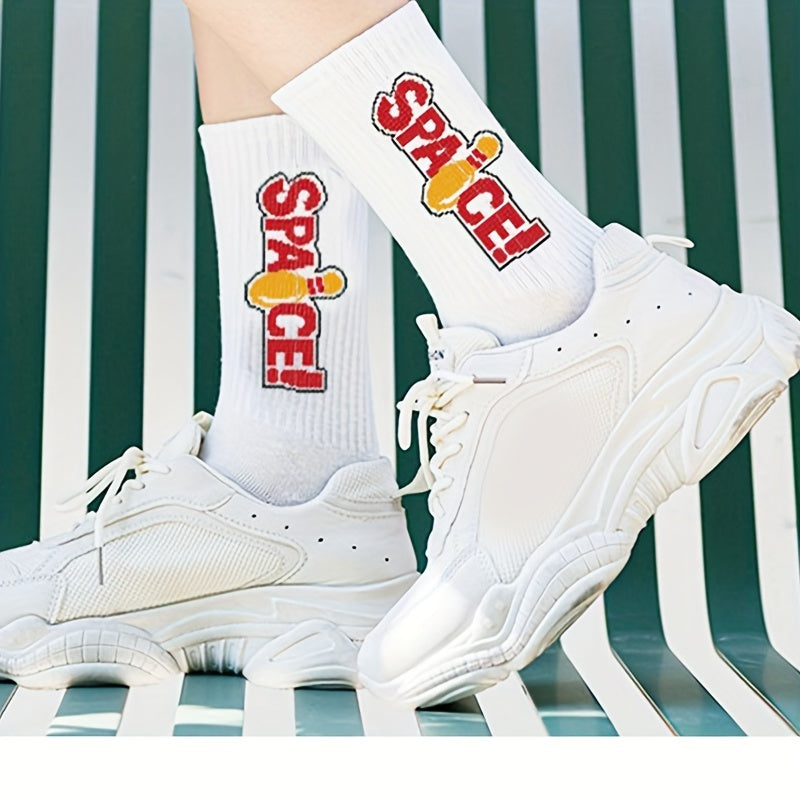 Men's Street Style Letter Printed Knit Socks 5 Pairs Cotton Blend Breathable Soft Spring Summer