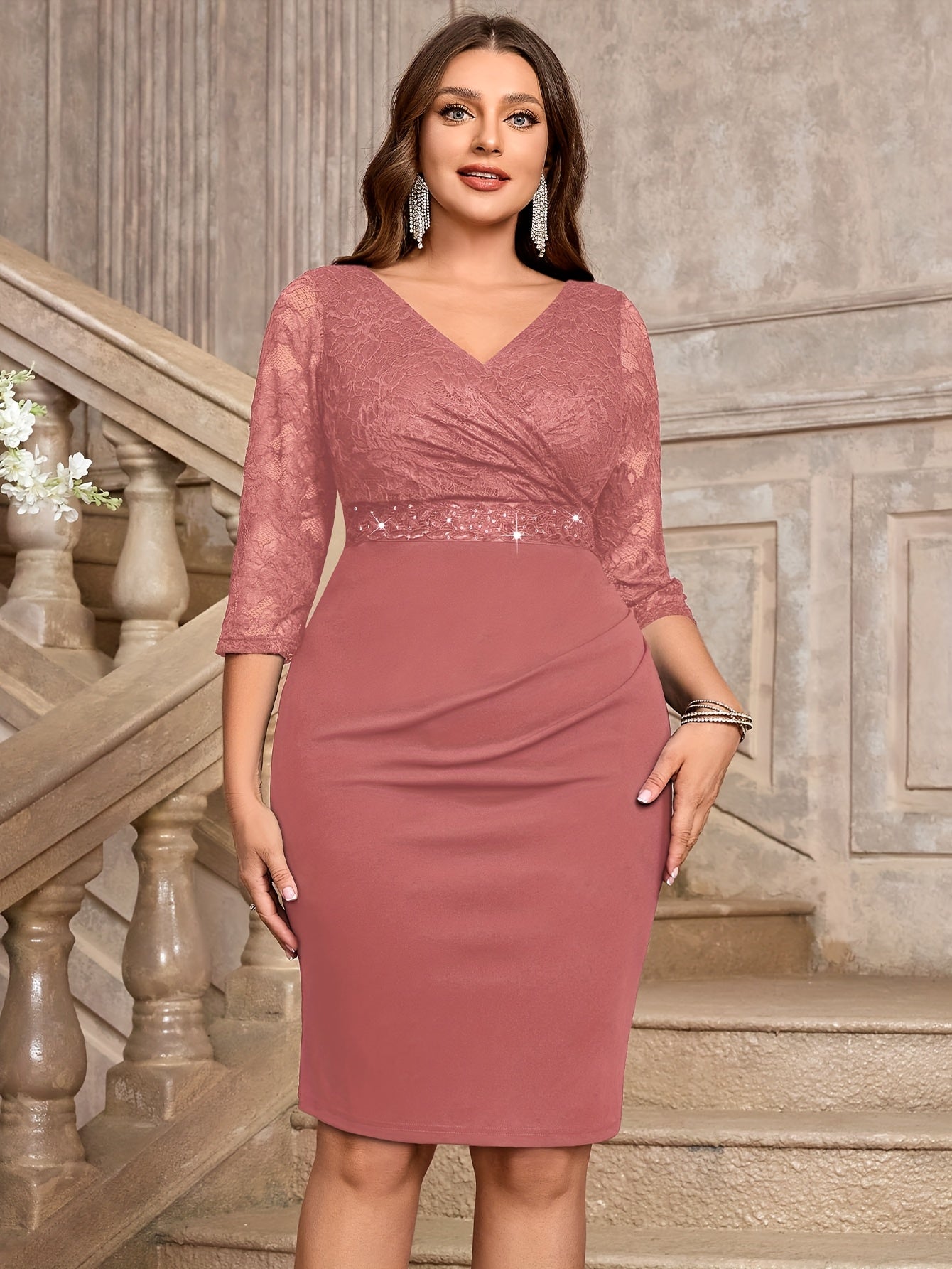 Vestido ajustado de encaje floral con escote en V para mujer de tallas grandes, ropa de cóctel y noche