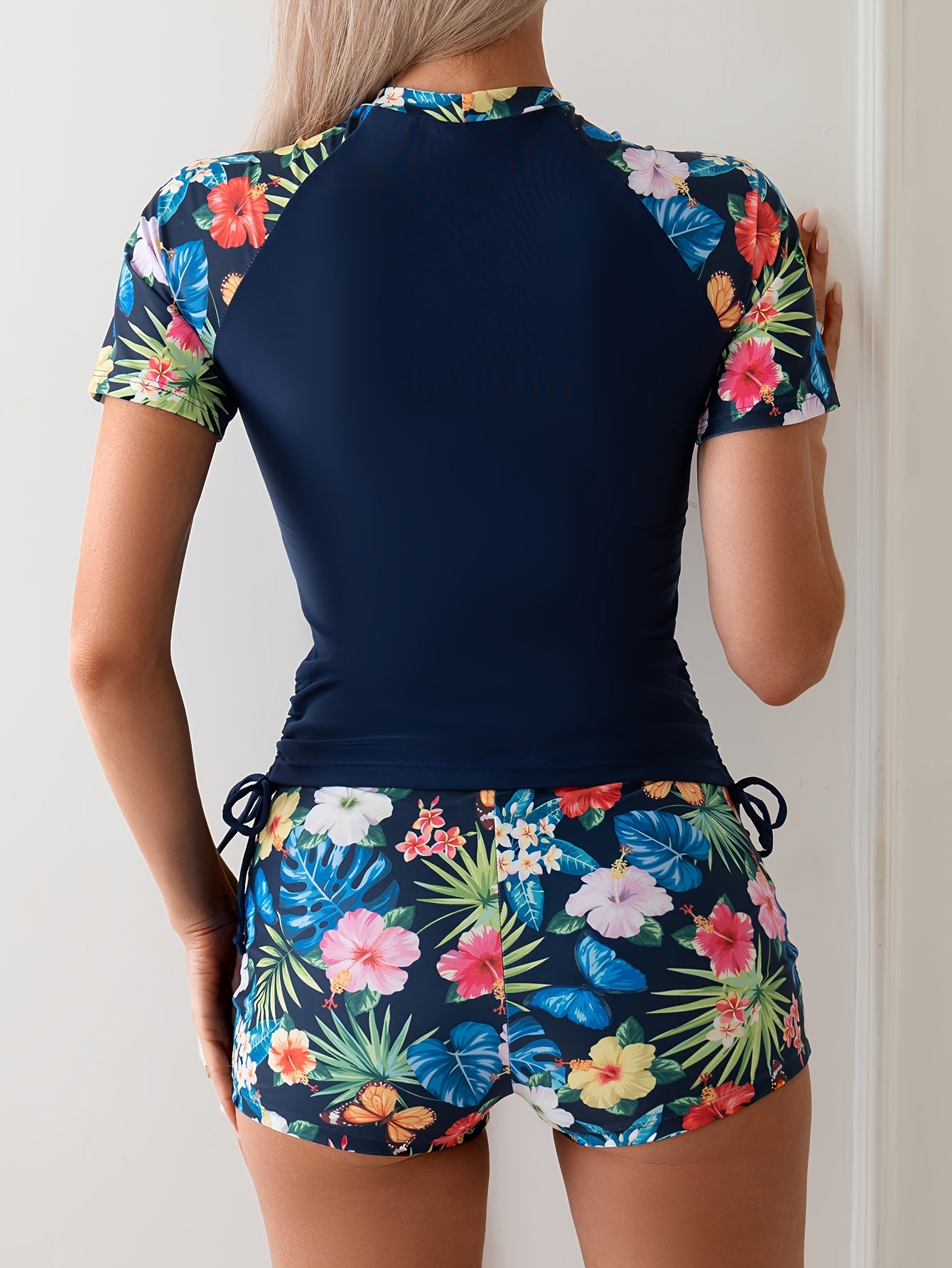 Women's Tropical Plant Print Tankini Set with Sun Protection Top and Boxer Shorts Swimsuit