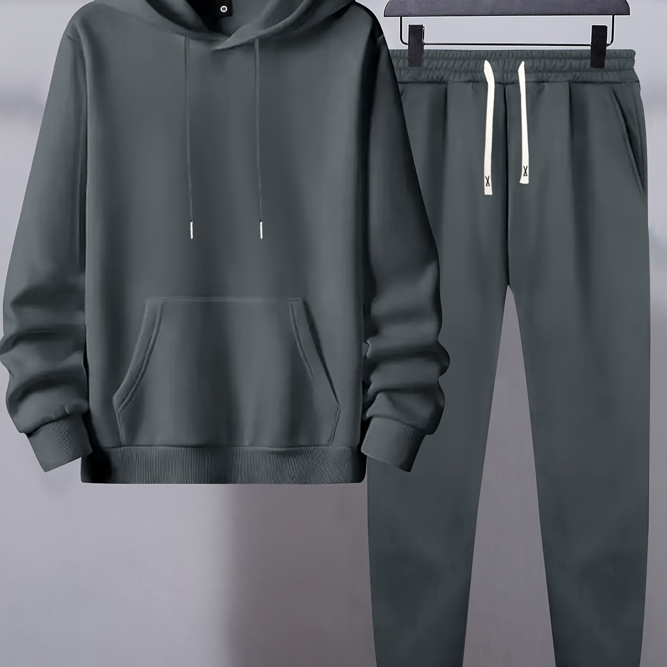 Men's Polyester Sweatsuit Set Hooded Sweatshirt and Joggers with Pockets Solid Color Regular Fit for Spring Fall