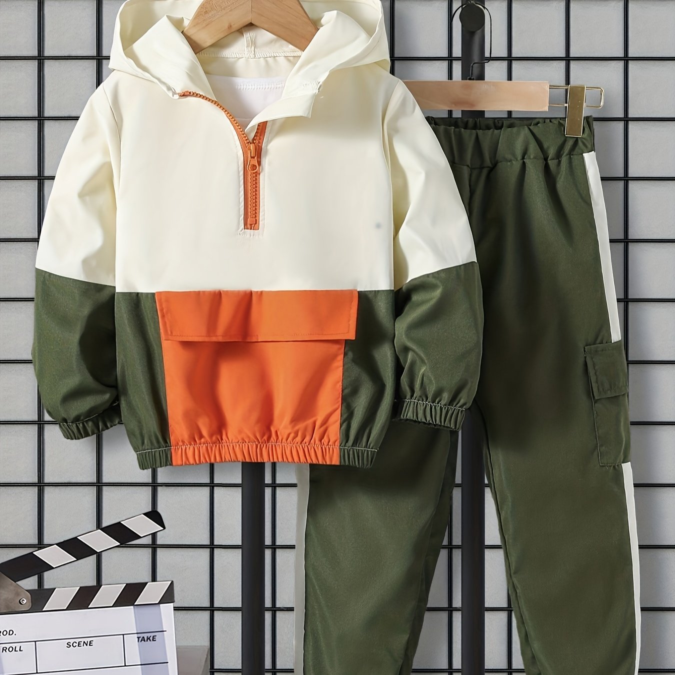 Kids Boys Spring Autumn Clothing Set Hooded Sweatshirt and Loose Work Pants Color Block