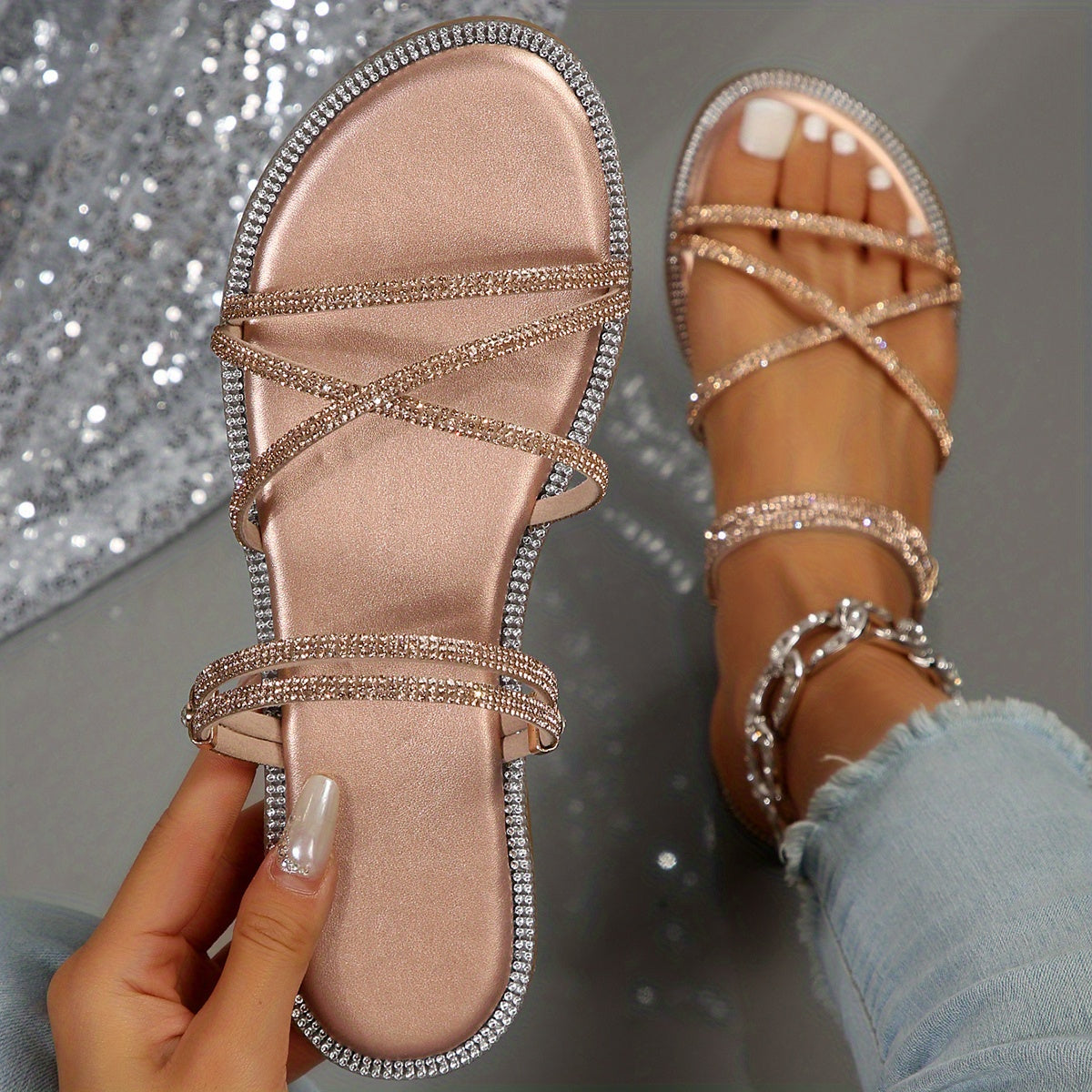 Women's Rhinestone Flat Slide Sandals Open-Toe Slip-On Adjustable Strap
