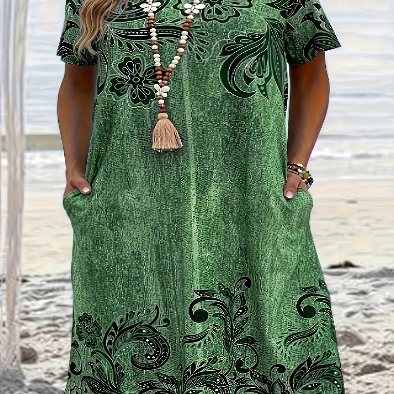 Vestido floral verde para mujer, casual, de corte suelto, manga corta, cuello redondo, verano, primavera, otoño