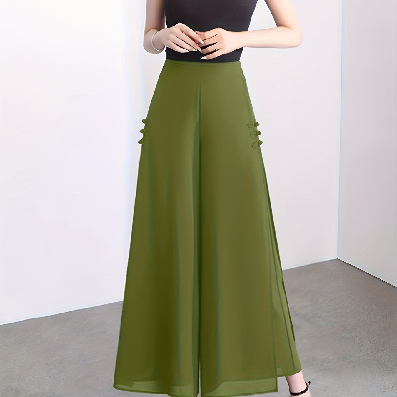 Plus o'lcham ayollar uchun ikki qatlamli chiffon yubka shimlar bir rangli yon bo'lakli yozgi rasmiy kundalik