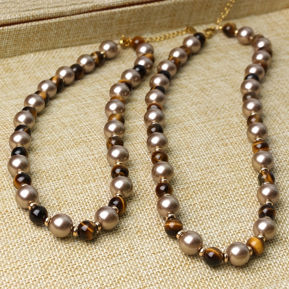 Women's Autumn Winter Necklace with Tiger Eye and Imitation Pearl Beads