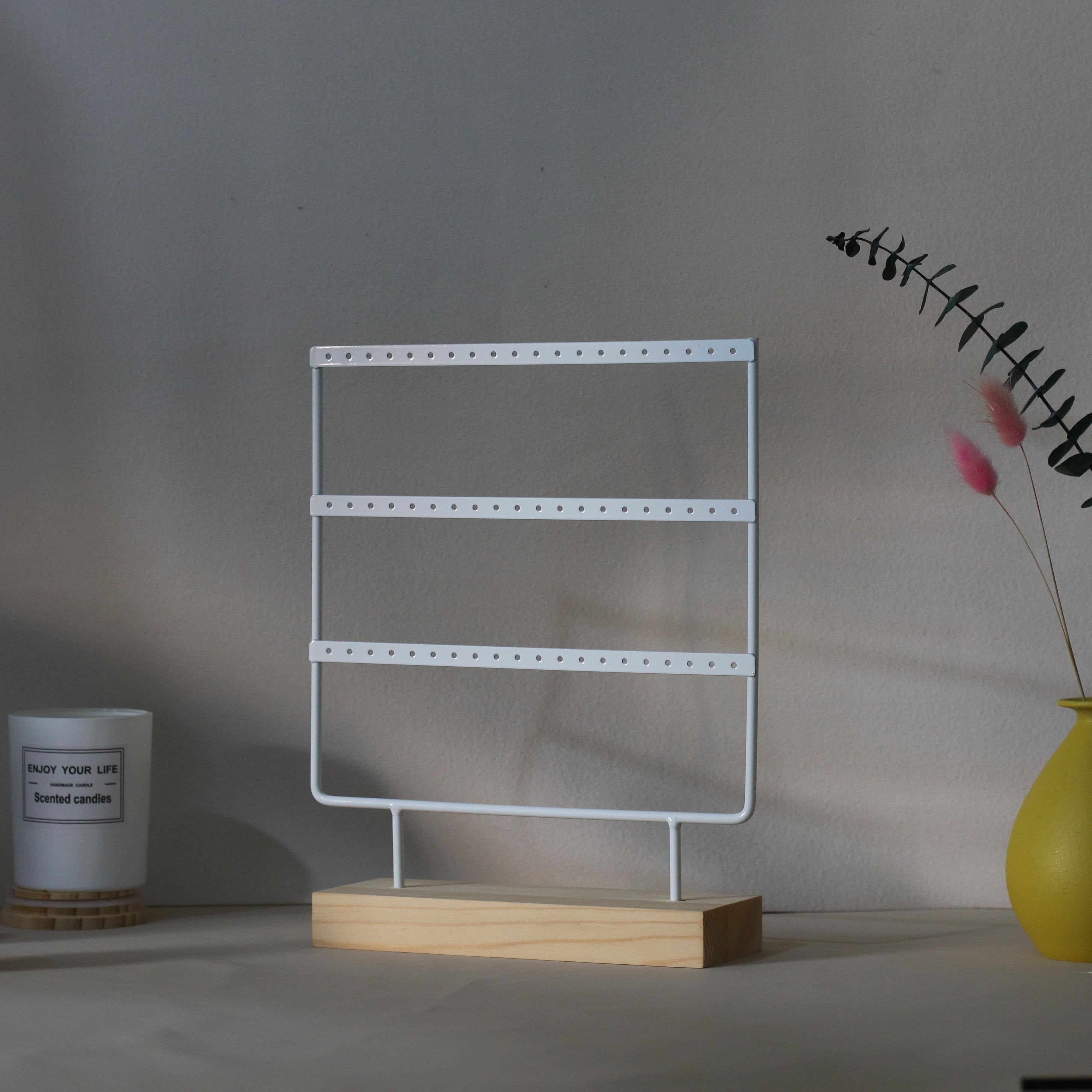 Metal Jewelry Storage Rack with Wooden Base for Earrings Organization