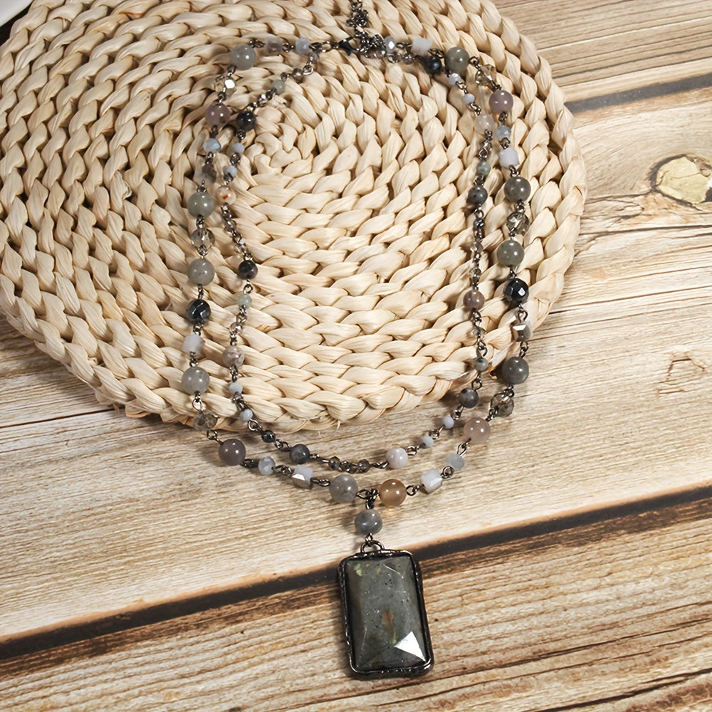 Layered Stone Necklace for Women Boho 2-Tier Natural Gemstones Glass Beads Black Chain