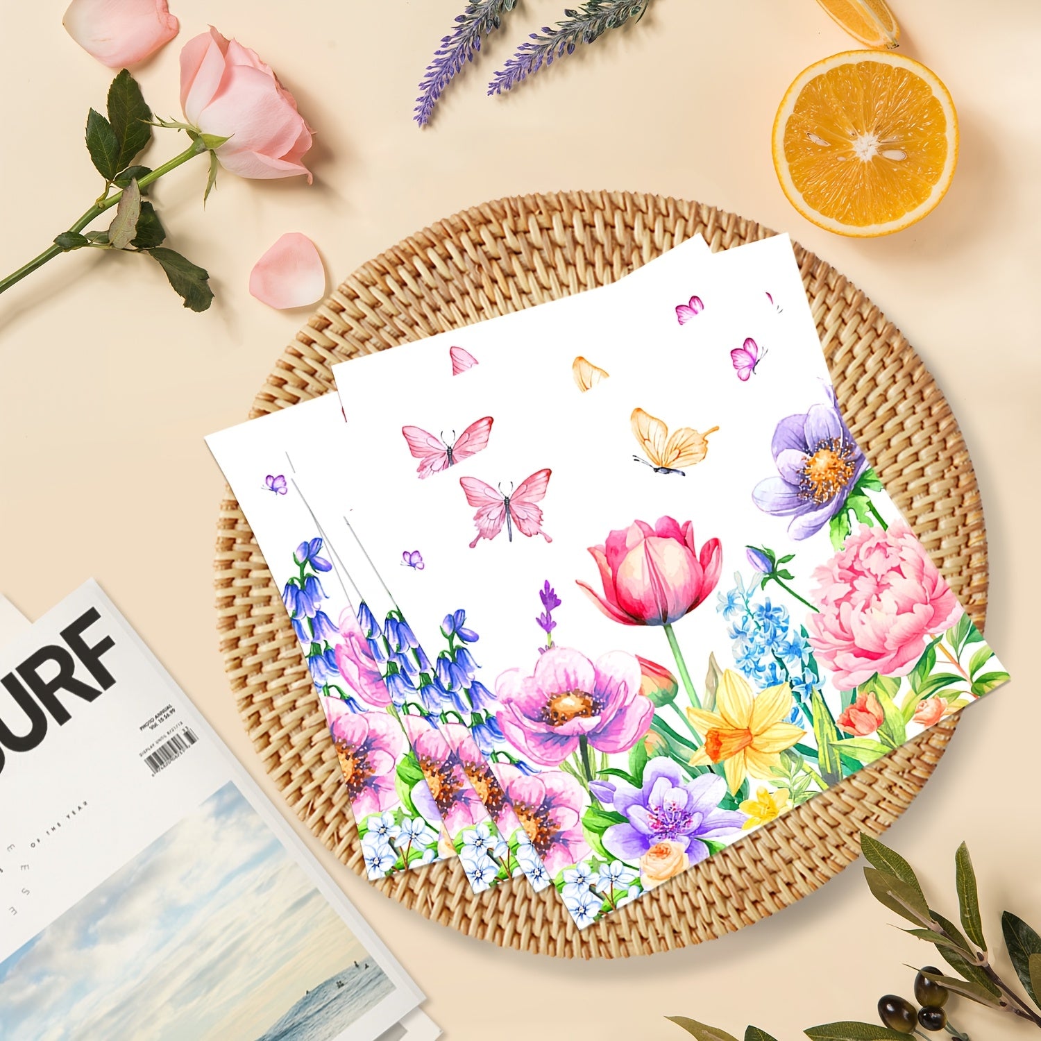 20 ta Vintage Floral Herb Paper Napkins 33cm Multifold 2-Ply Bayramlar, to'ylar va ta'tillar uchun