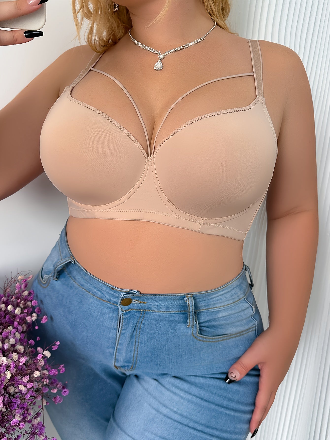 Plus Size Beige Push-Up Bra with Underwire Support and Breathable Nylon Blend