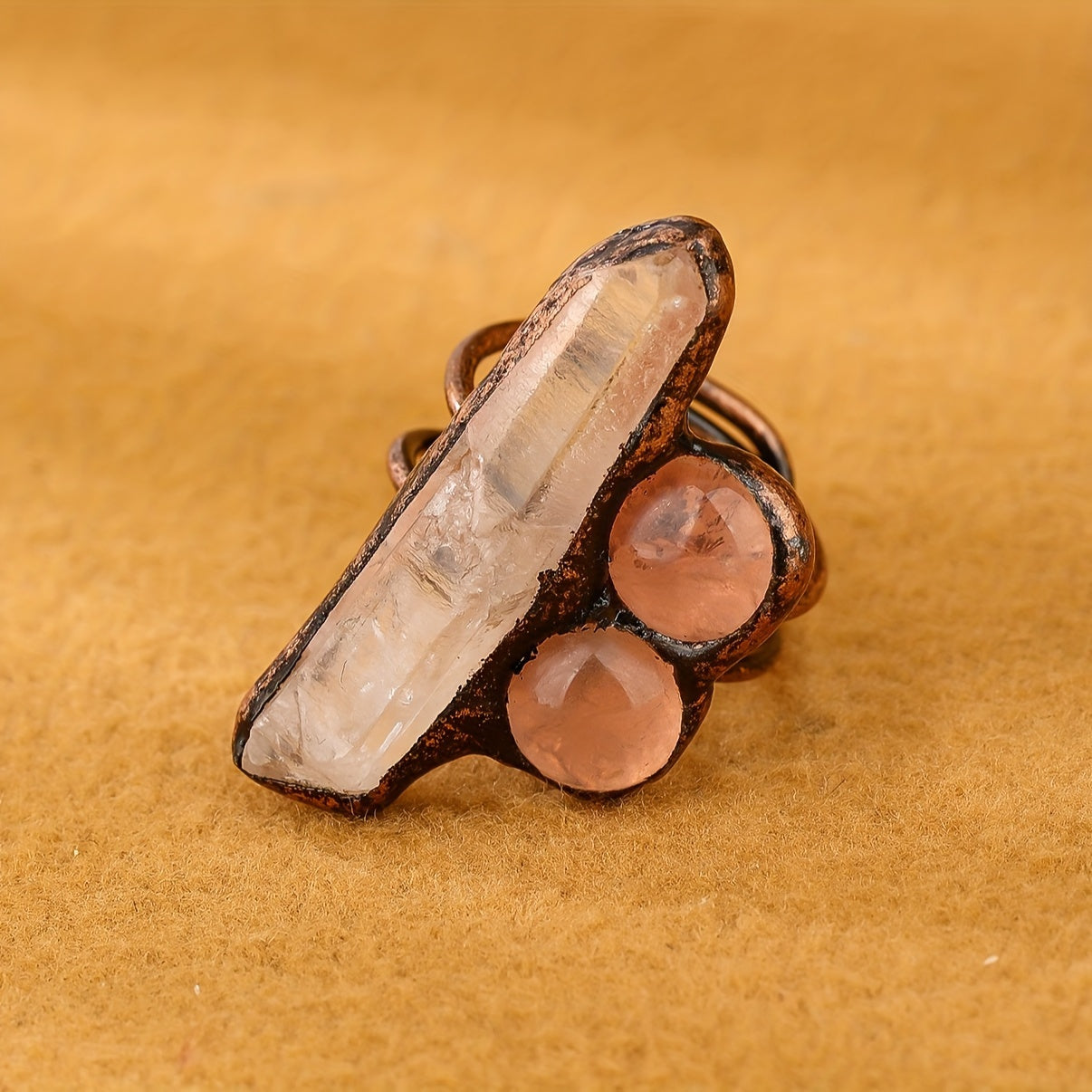 Vintage Copper Cuff Ring with Raw Quartz and Rose Quartz for Women Adjustable Jewelry