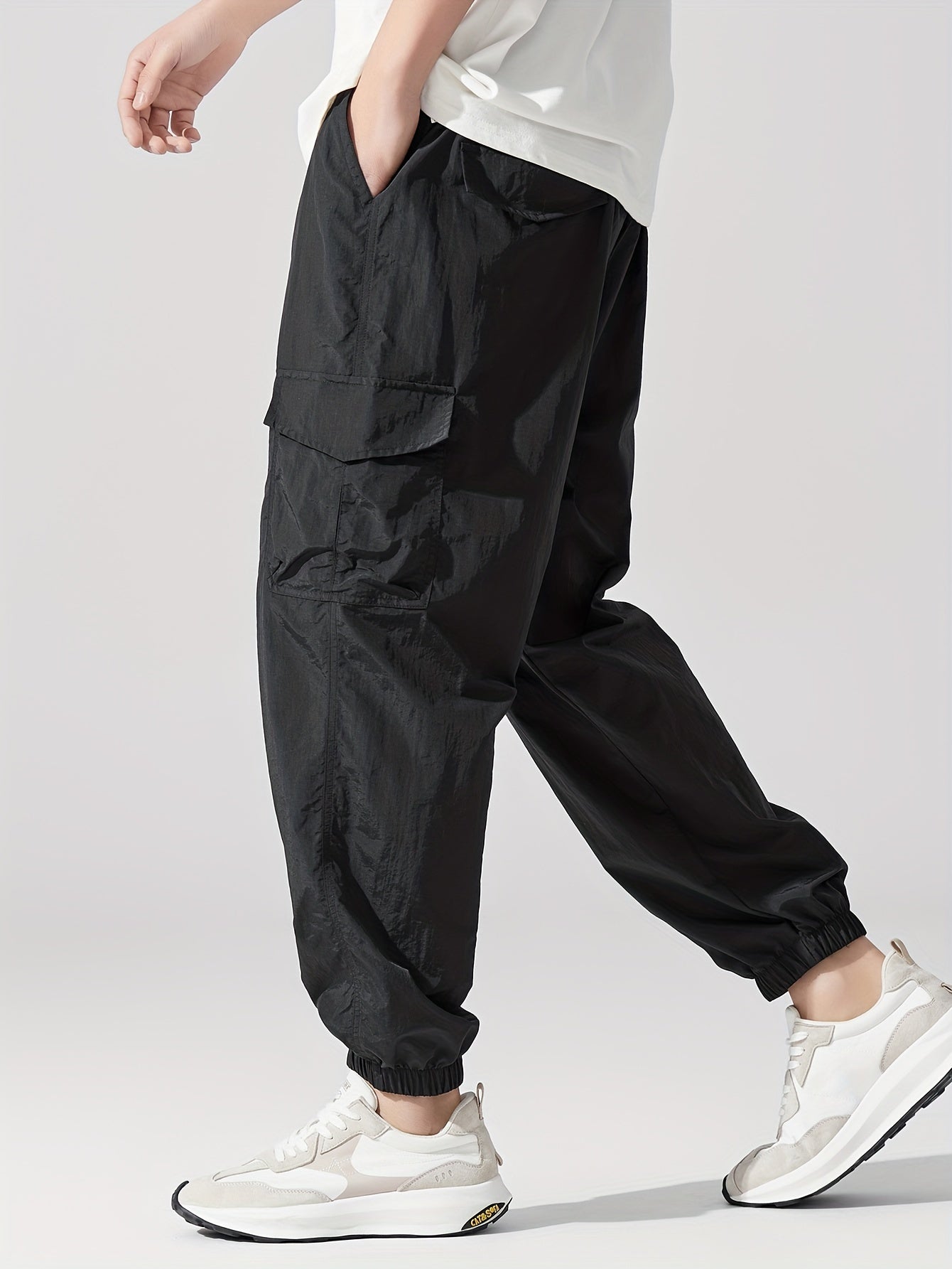 Plus Size Men's Black Nylon Joggers Lightweight Loose Fit Casual Sporty Sweatpants