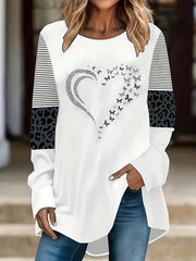 Plus Size Women's Cotton Long Sleeve T-Shirt Heart and Zebra Print White Black Brown