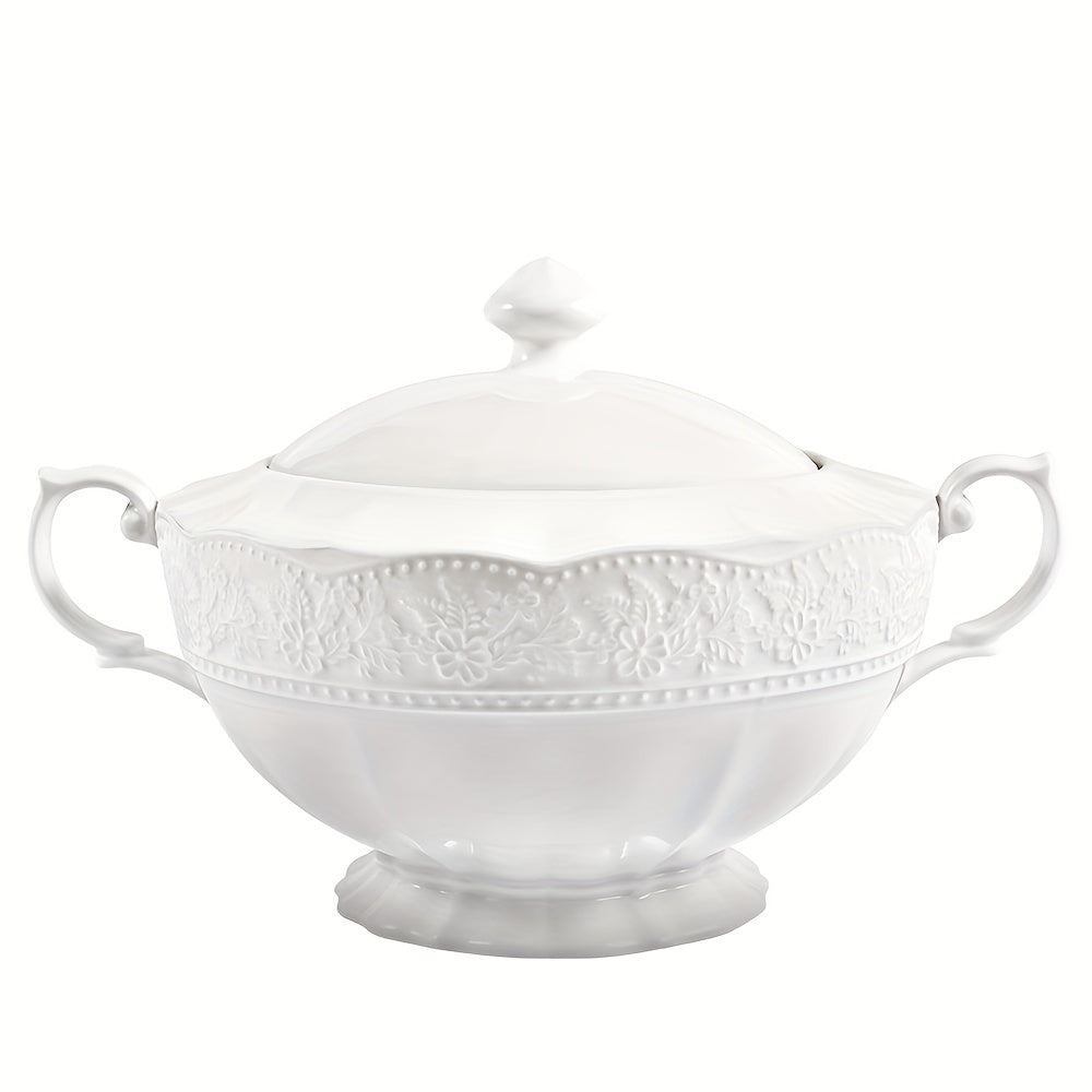 White Ceramic Soup Tureen with Lid and Handle for Home and Restaurant Use
