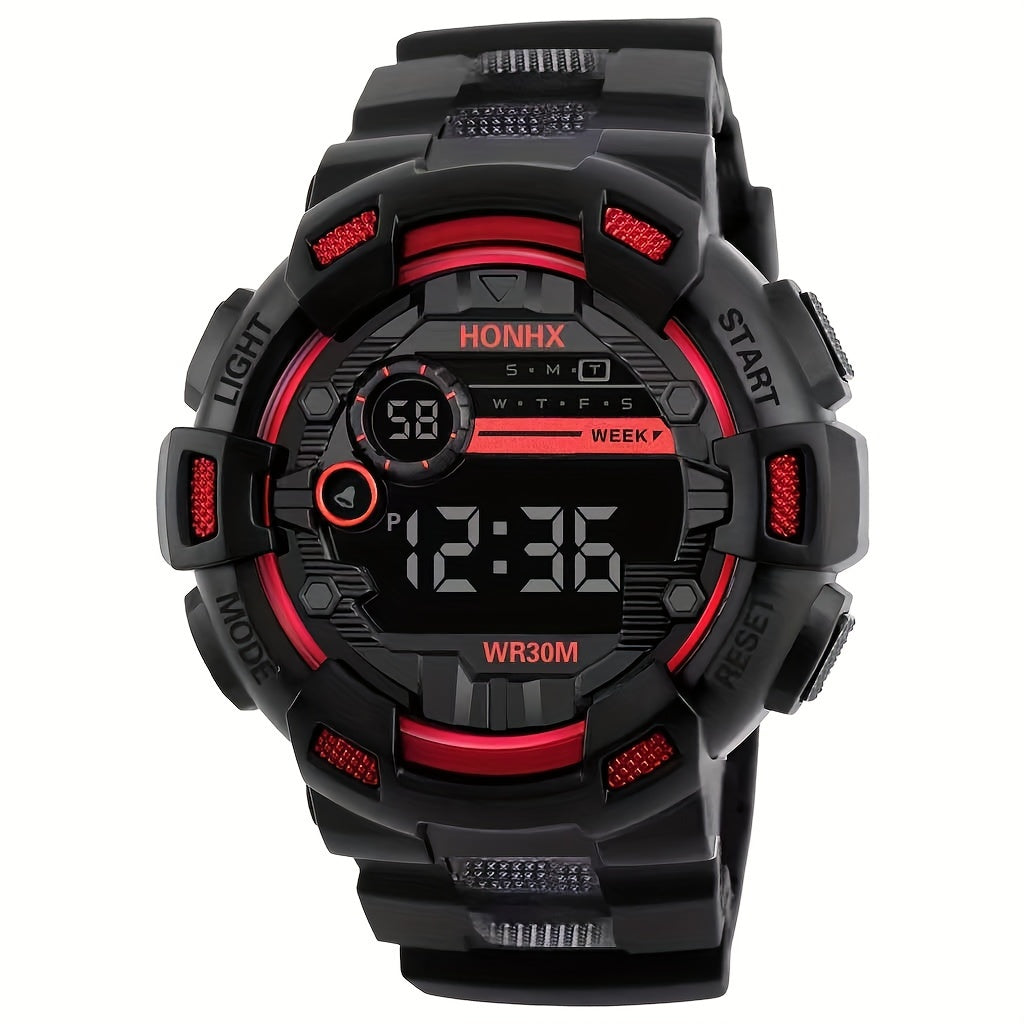 Men's Digital Sports Watch with Stopwatch Night Light and Black Plastic Band
