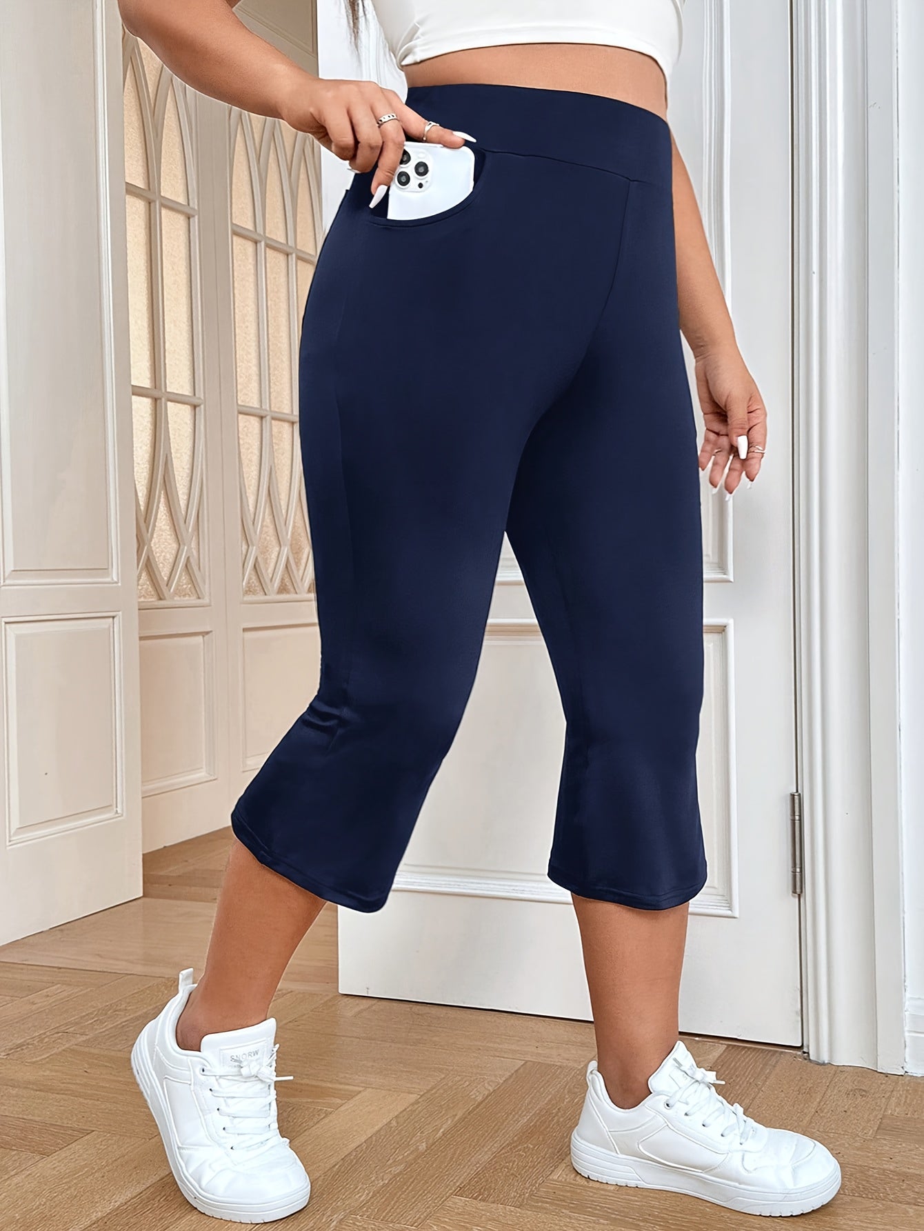 Women's Plus Size High-Waist Flare Pants Breathable Stretch Pockets Blue