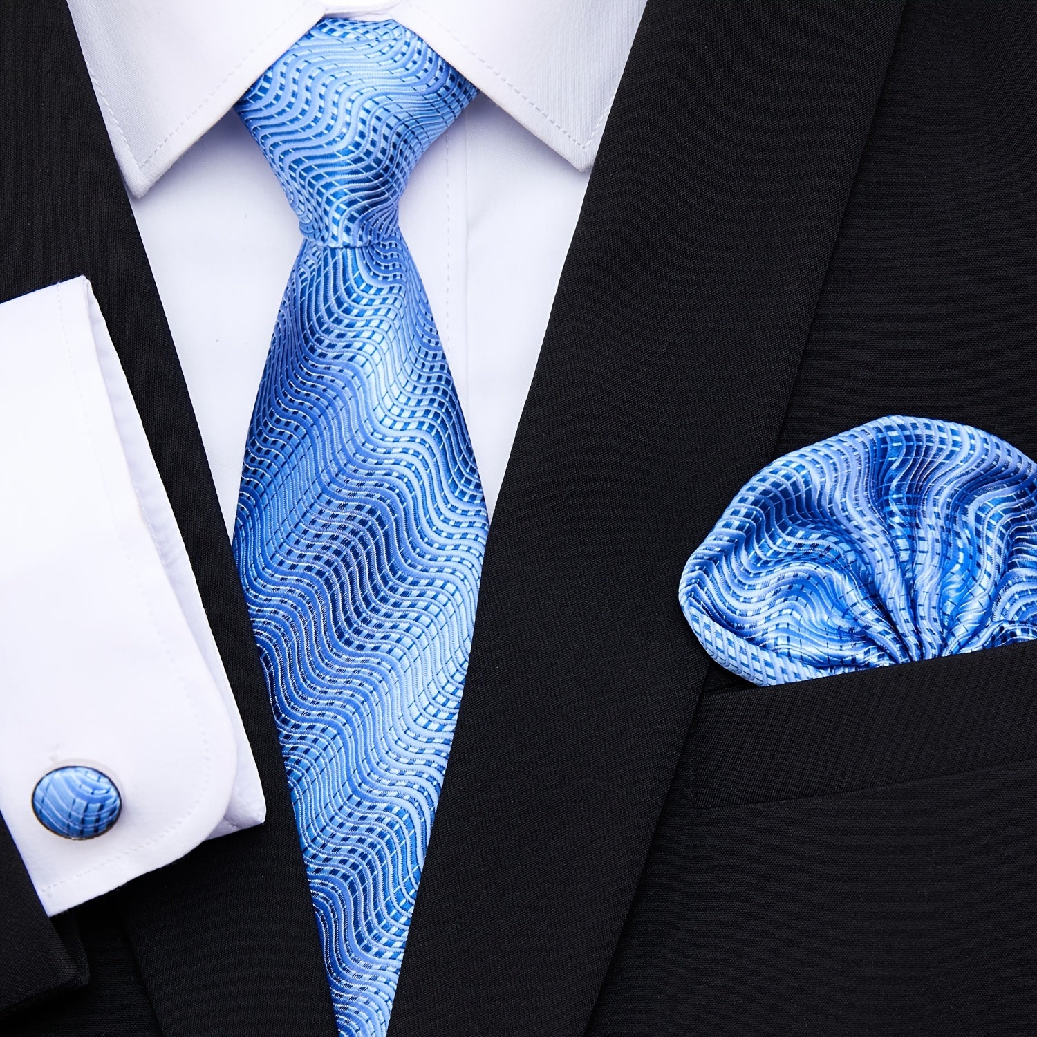 Men's Blue Jacquard Floral Tie Set with Pocket Square and Cufflinks for Weddings and Formal Events