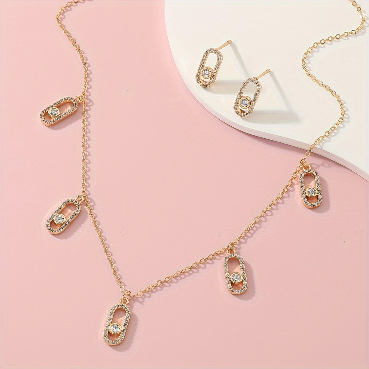 Women's Gold-Plated Jewelry Set with Geometric Zirconia Pendant Necklace and Earrings