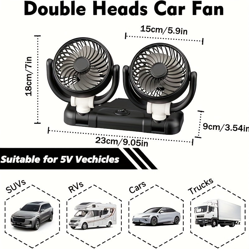 Portable Car Fan Dual Head USB Ceiling Fan with 360° Rotation Compact Air Circulator