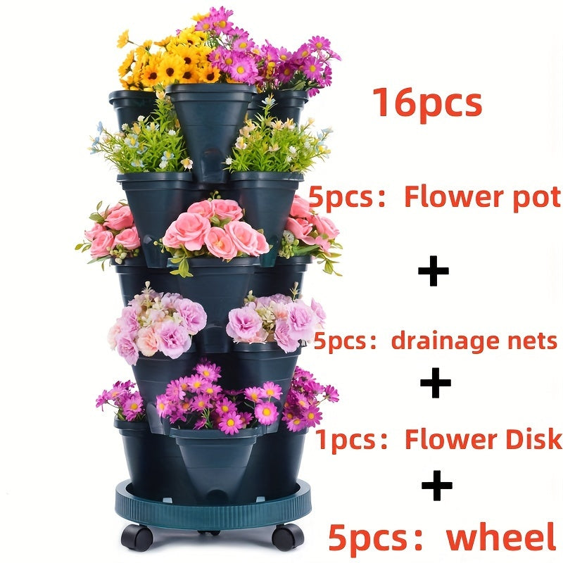 16pcs 5-Layer Stackable Flower Pots with Wheels and Tools for Indoor Outdoor Gardening