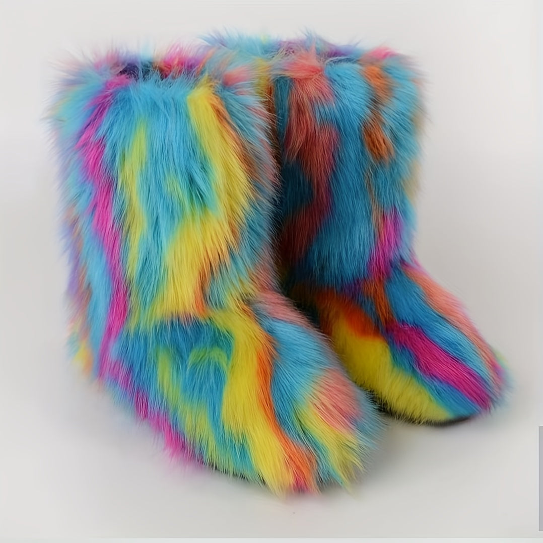 Women's Faux Fur Mid-Calf Boots Slip-On Flat Winter Casual