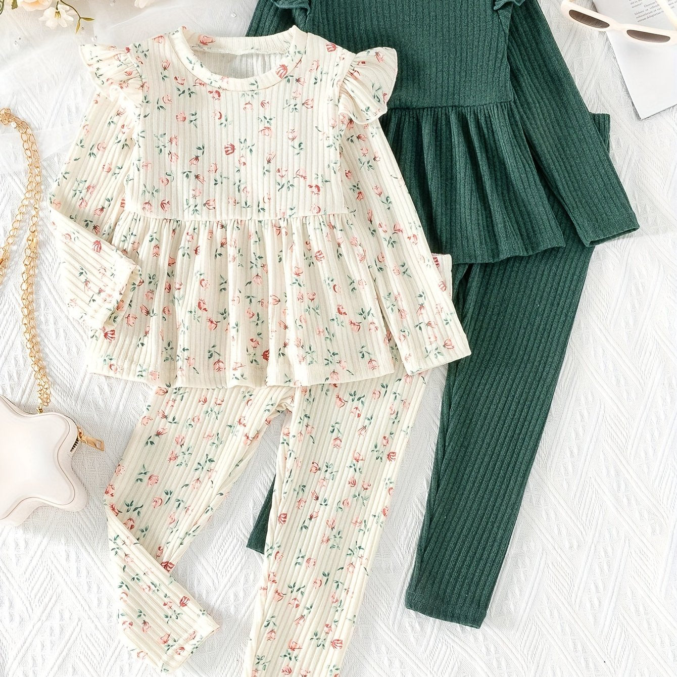 Girls Long Sleeve Peplum Top and Casual Pants Co-ords Set Floral Solid Spring Fall Outdoor Clothes