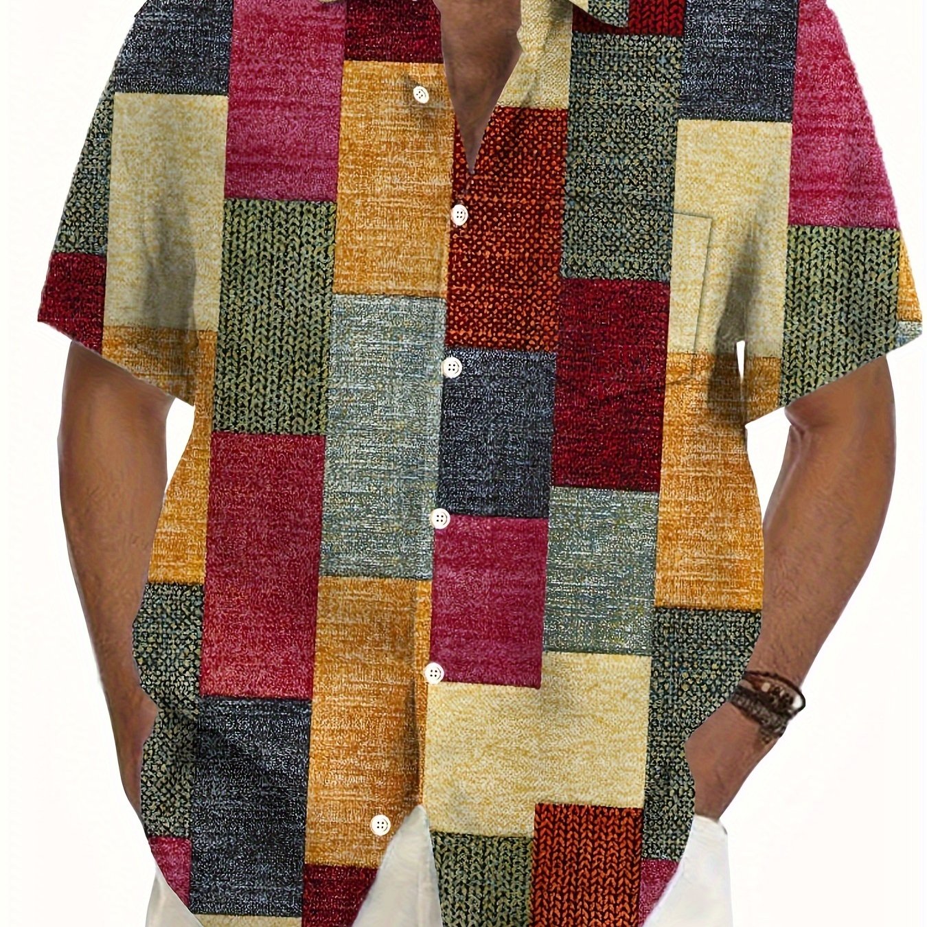 Erkaklar uchun Katta Tugmachali Cho'ntakli Ko'ylak, Retro Geometrik Print bilan