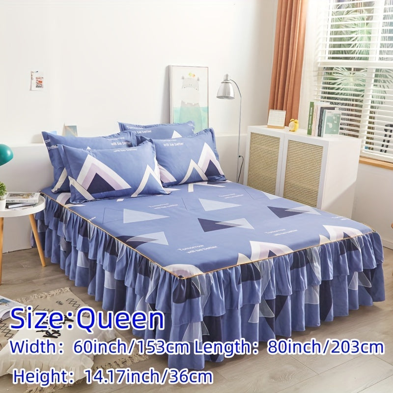 Three-Piece Macrame Bed Skirt Set with Flower Print Non-Slip Bedding for All Seasons