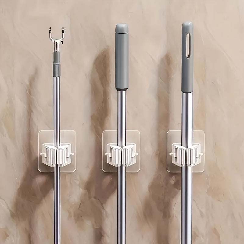 Soporte para fregona de ABS montado en la pared con 4 clips, almacenamiento en el baño con adhesivo sin taladro