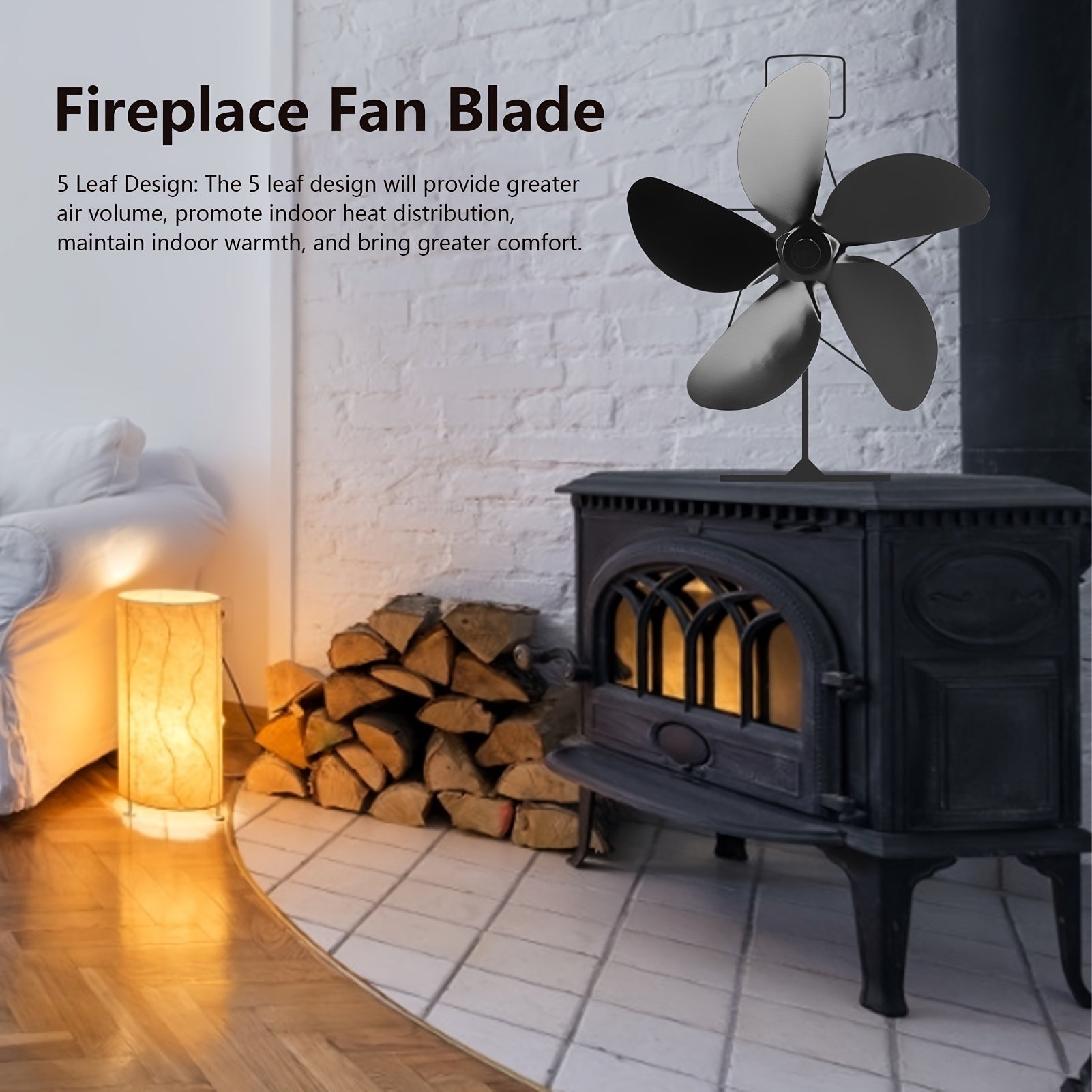 Set of 5 Black Aluminum Alloy Blades for Fireplace Fan, Heat Distribution, Easy Install