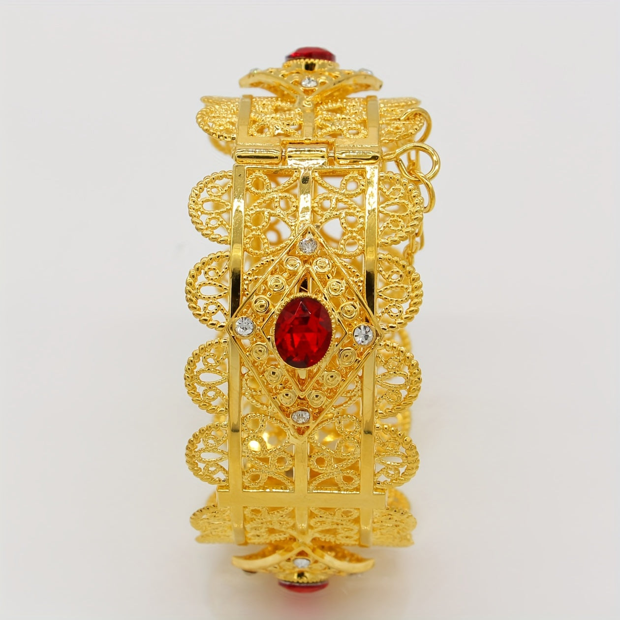 Women’s Gold Plated Hollow-Out Cuff Bracelet with Cubic Zirconia Adjustable