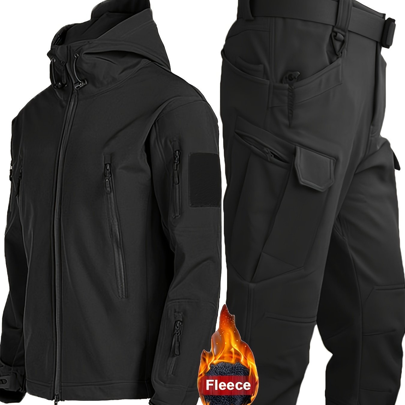Men's Fall Winter Shark Skin Fleece Workwear Set Hooded Jacket Tactical Pants Solid Color Loose Fit