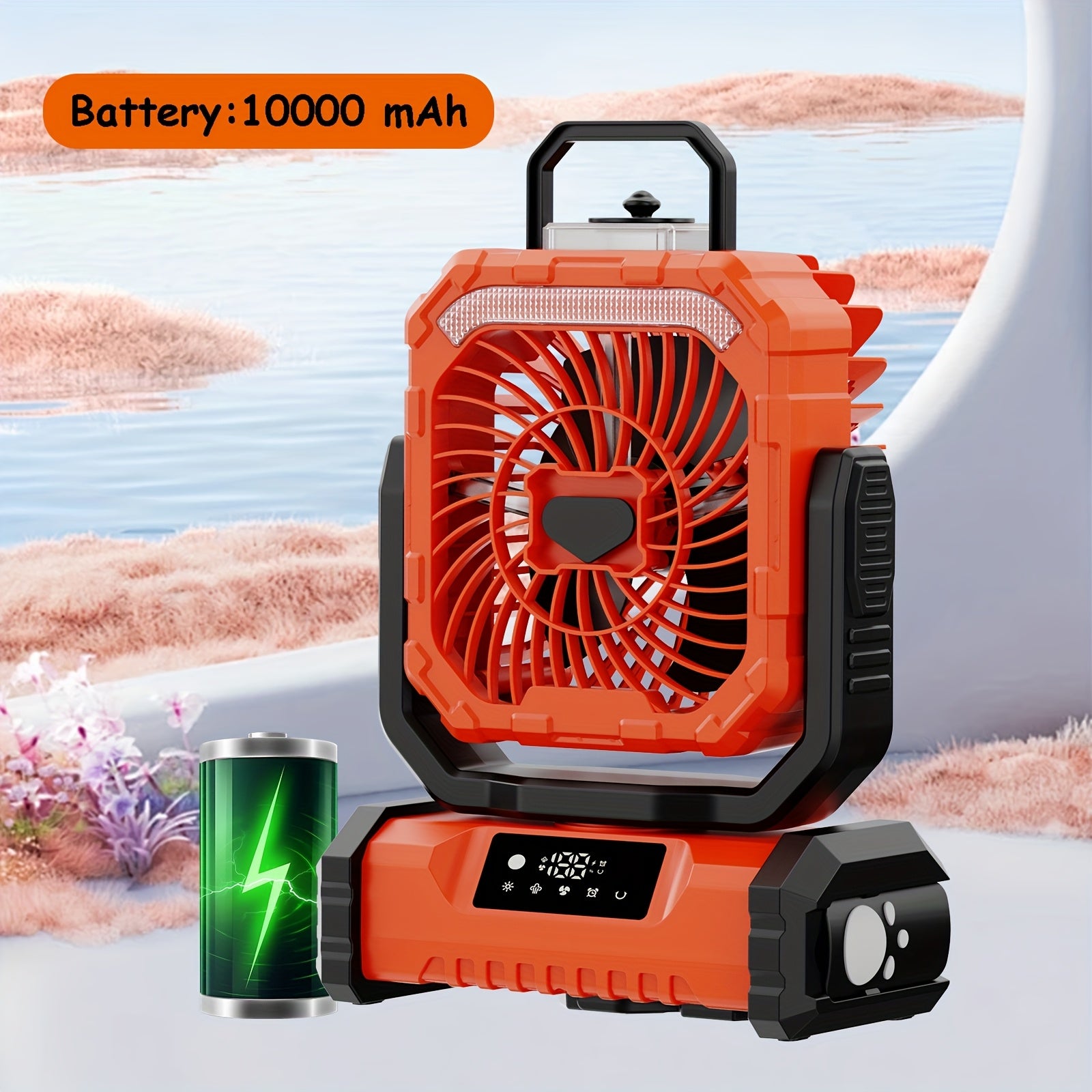LED displey va masofadan boshqaruv bilan portativ RV ventilyatori, besh tezlikda sovutish, katta suv shishasi, uchta LED yorug'lik rejimi, favqulodda quvvat banki.