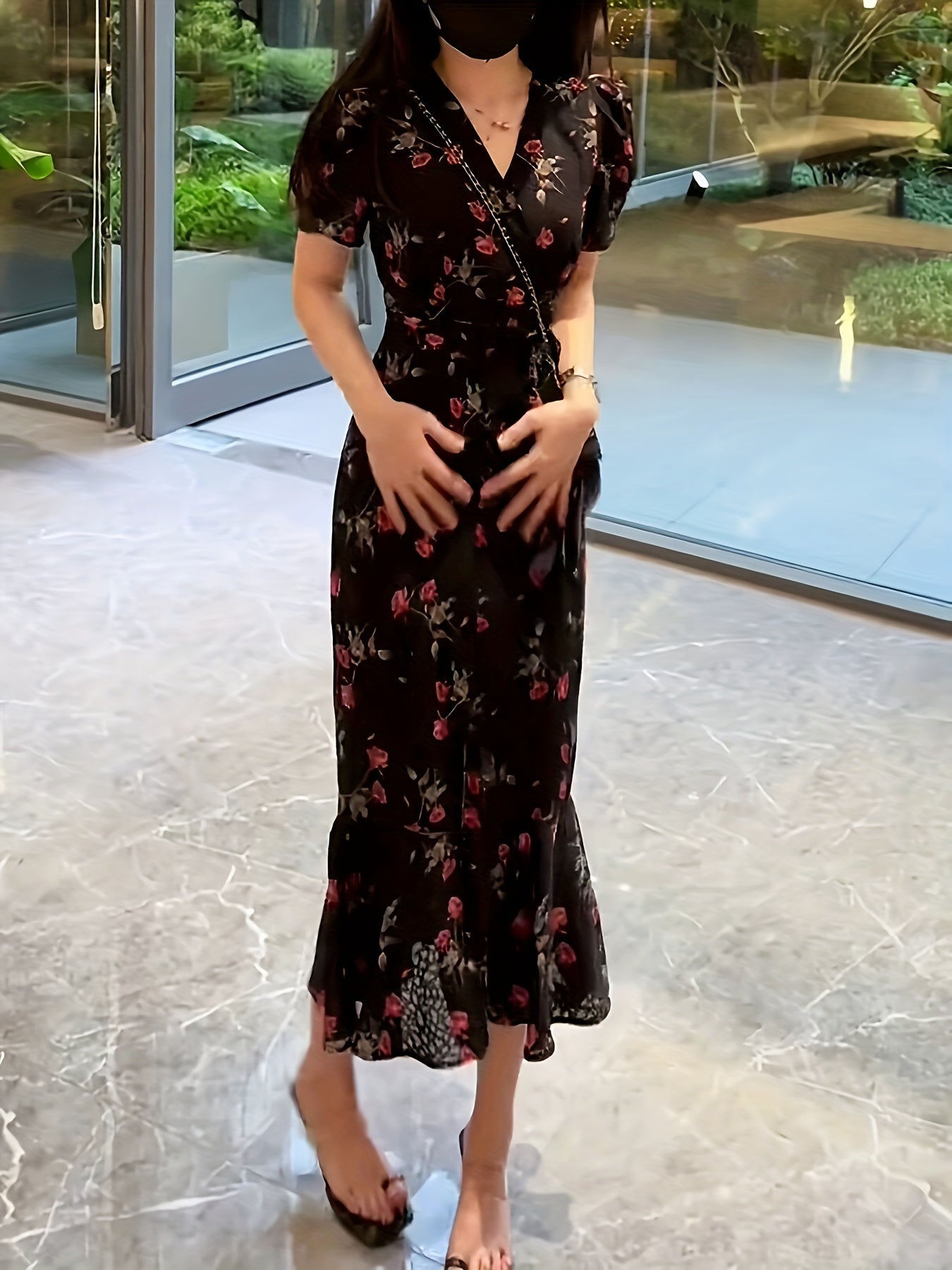 Floral V-Neck Midi Dress with Tie Waist Short Sleeves Mermaid Hem for Summer