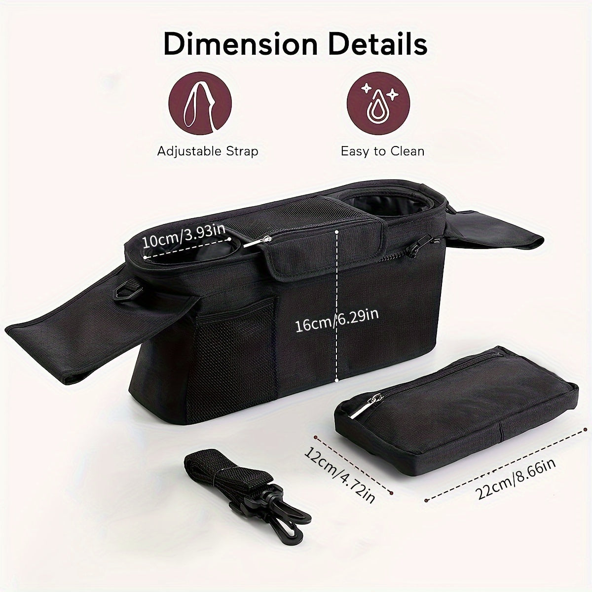 Organizador de cochecito negro para bebé con múltiples bolsillos de almacenamiento y gran capacidad para botellas