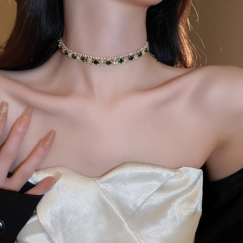 Green Rhinestone Necklace and Earrings Set for Women with Sterling Silver Posts