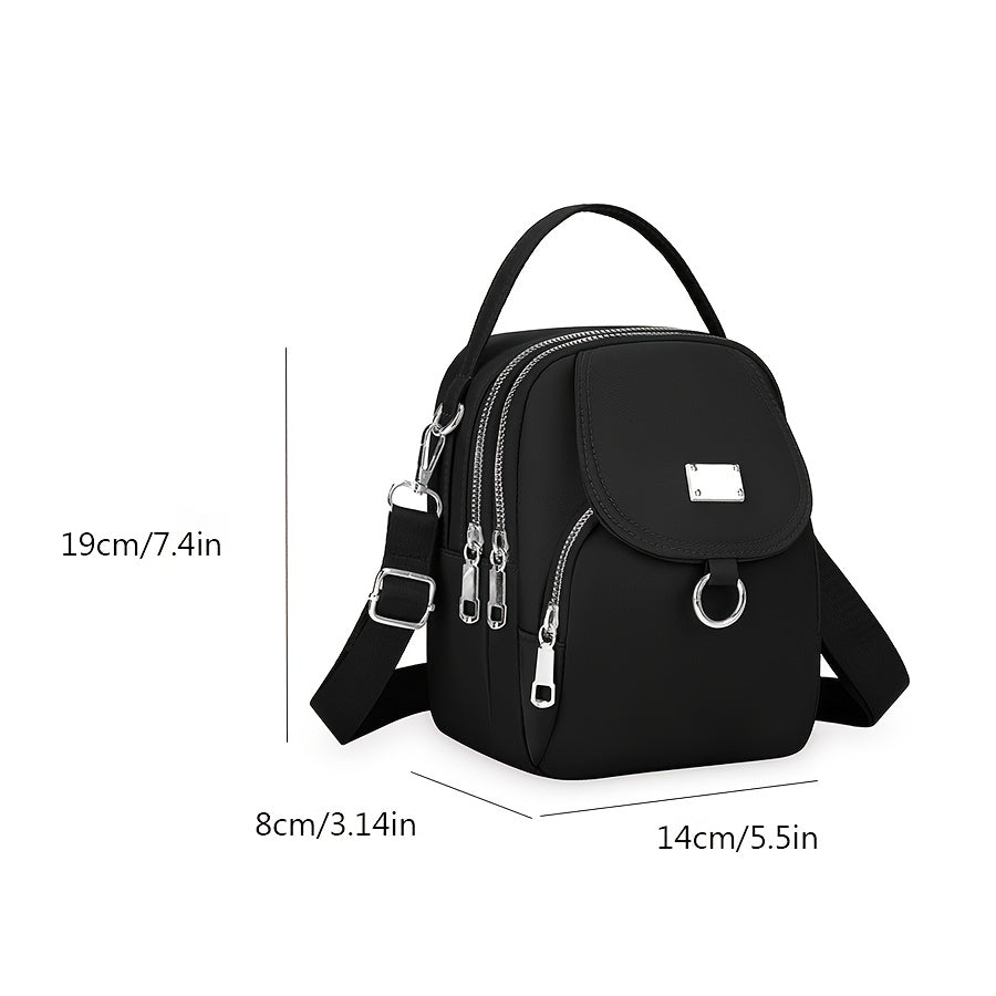 Women's Black Oxford Cloth Messenger Bag with Zipper Closure
