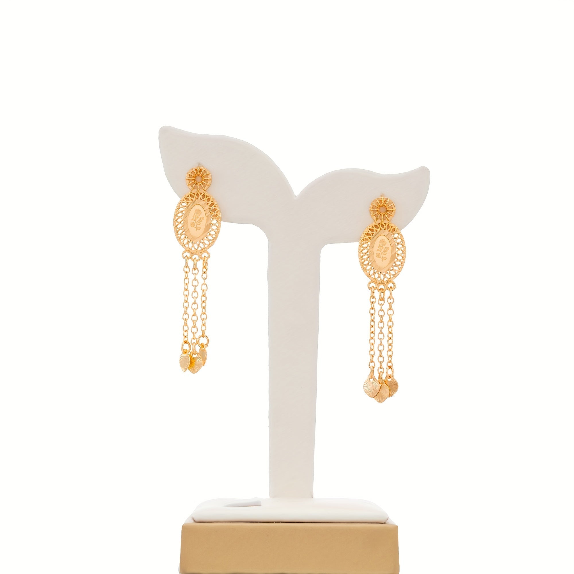 Изысканный набор ювелирных изделий с кисточками и розовым принтом в арабском стиле - изготовлен из высококачественной меди и прочного шампанского покрытия - идеальная коллекция для невест на свадьбы, банкеты и празднования Рамадана - включает 5 предметов.