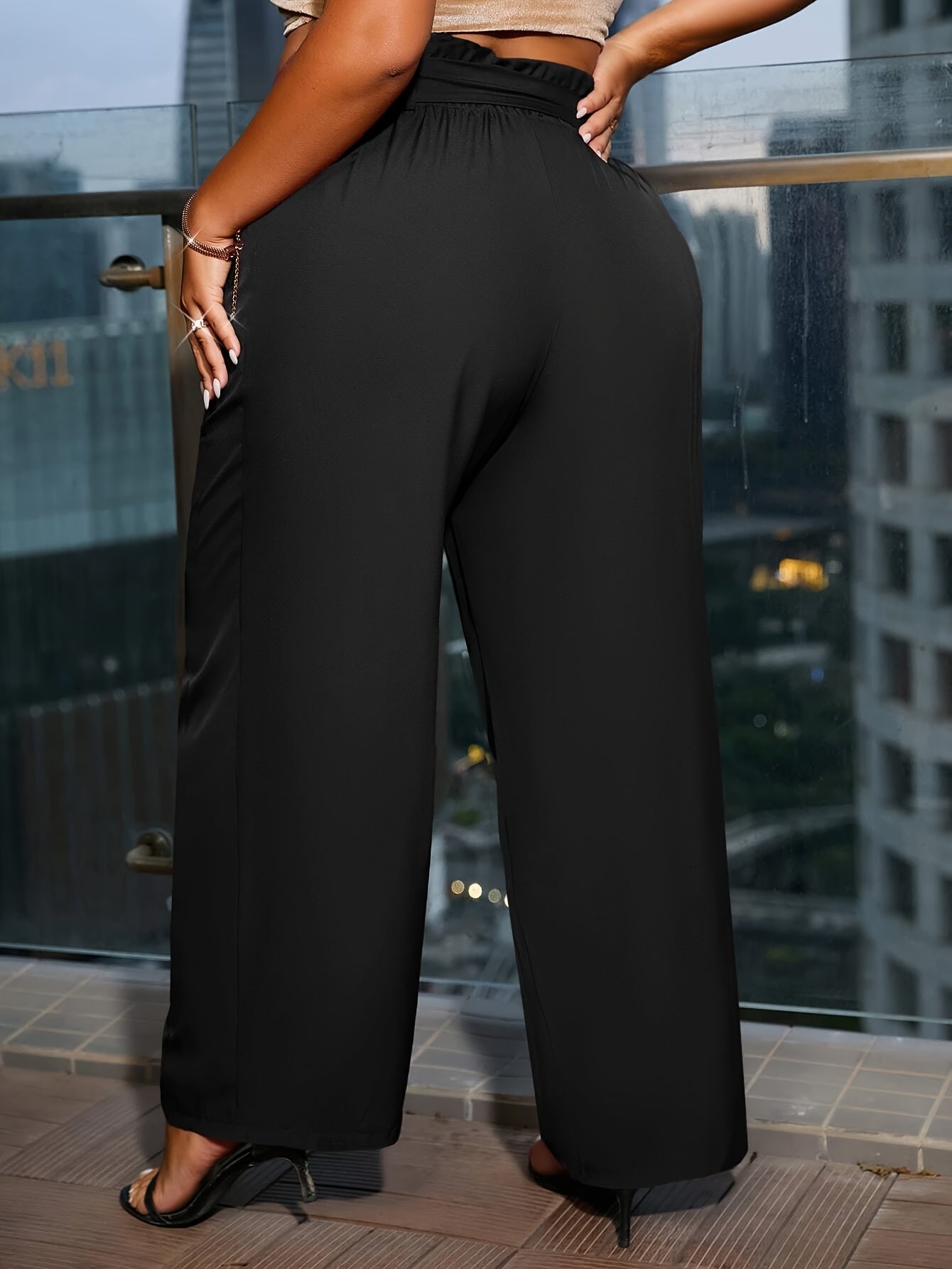Pantalones anchos de algodón elástico para mujer talla grande con bolsillos negro