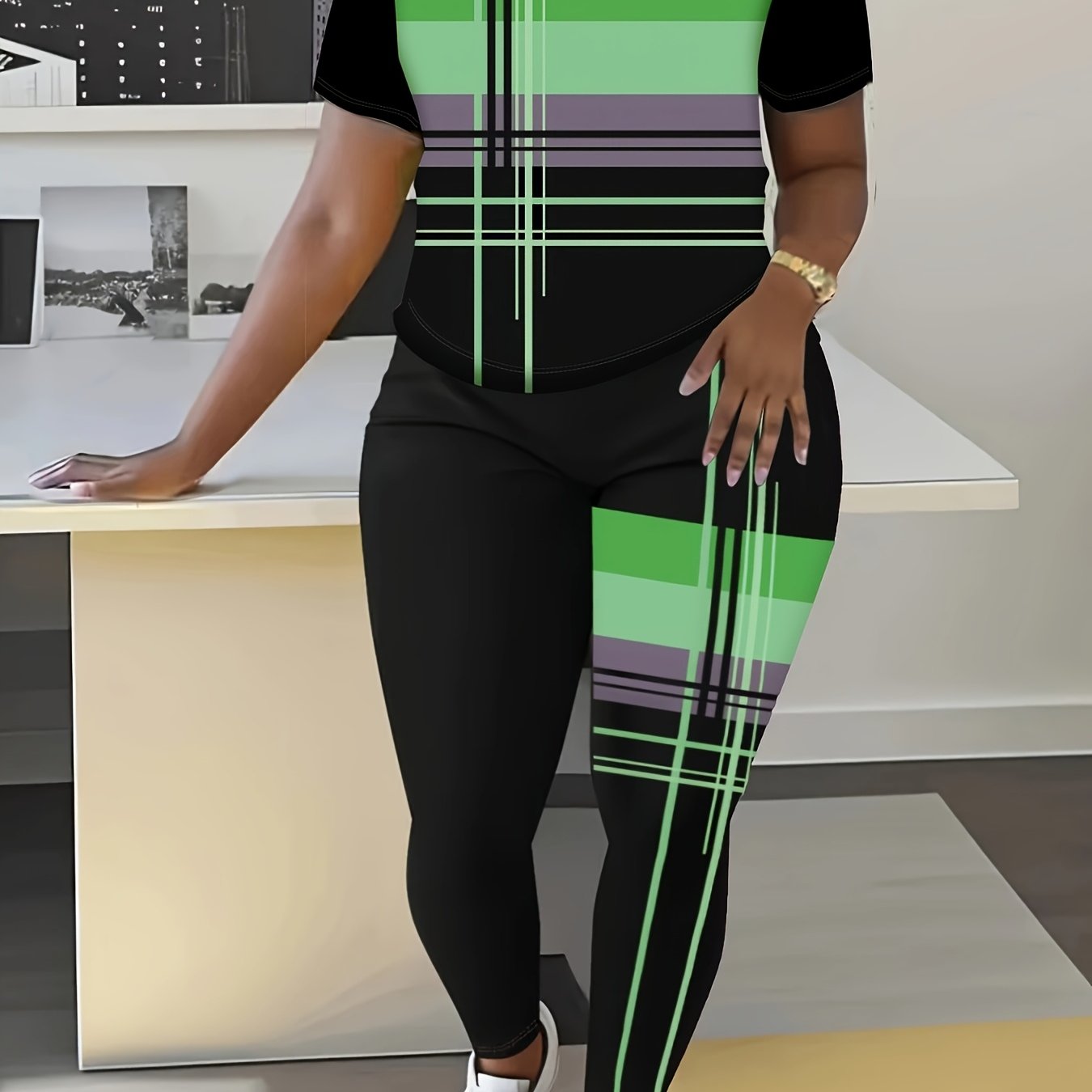 Plus Size Women's Activewear Set with Pink Geometric Print Polyester Yoga Outfit