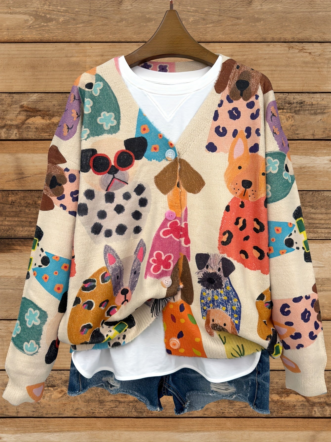 Plus Size Women's V-Neck Long Sleeve Cardigan Knit Sweater With Dog Print